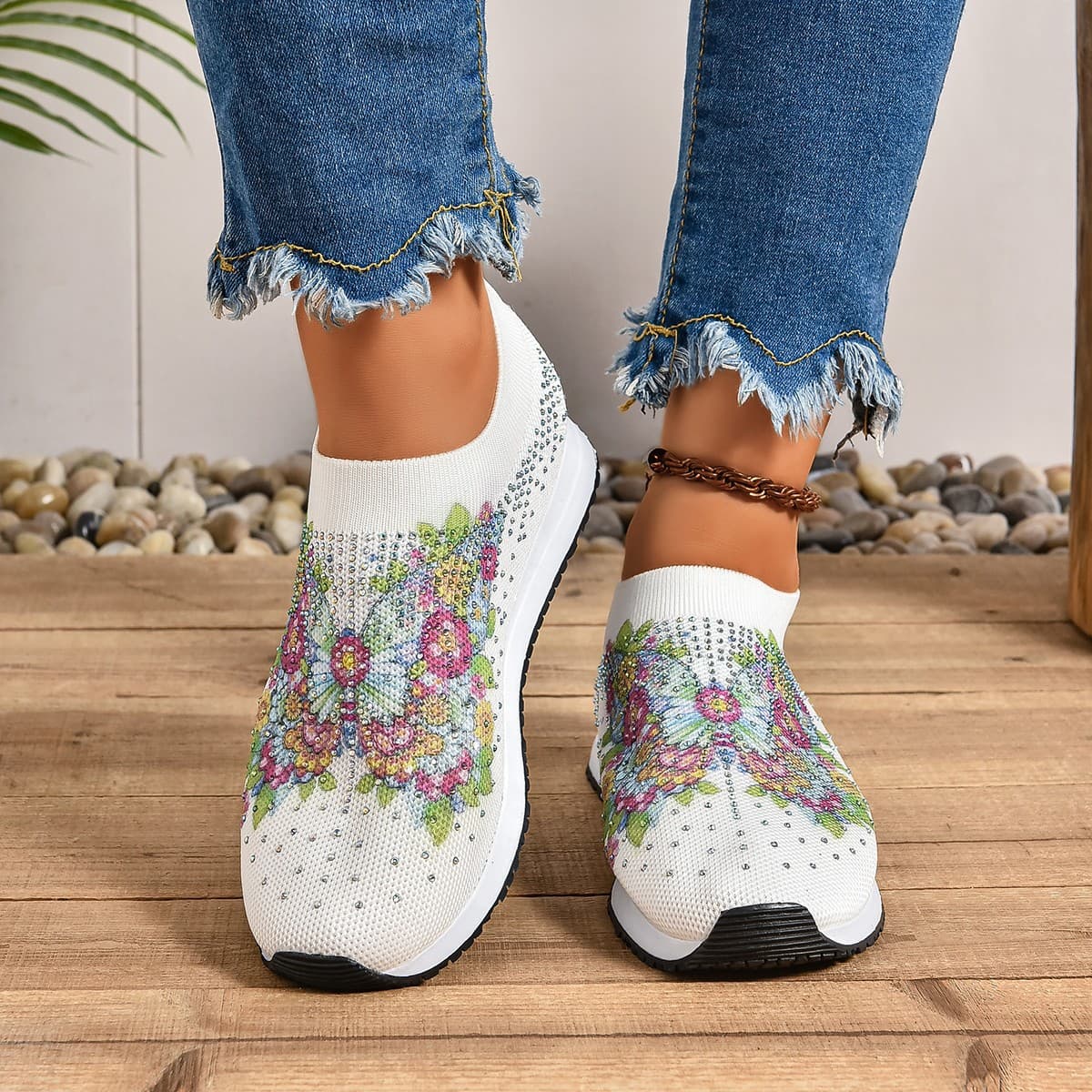 華やか花刺繍メッシュ編みスリッポン