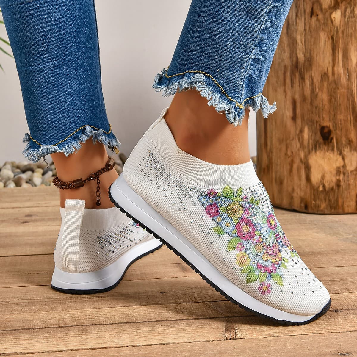華やか花刺繍メッシュ編みスリッポン