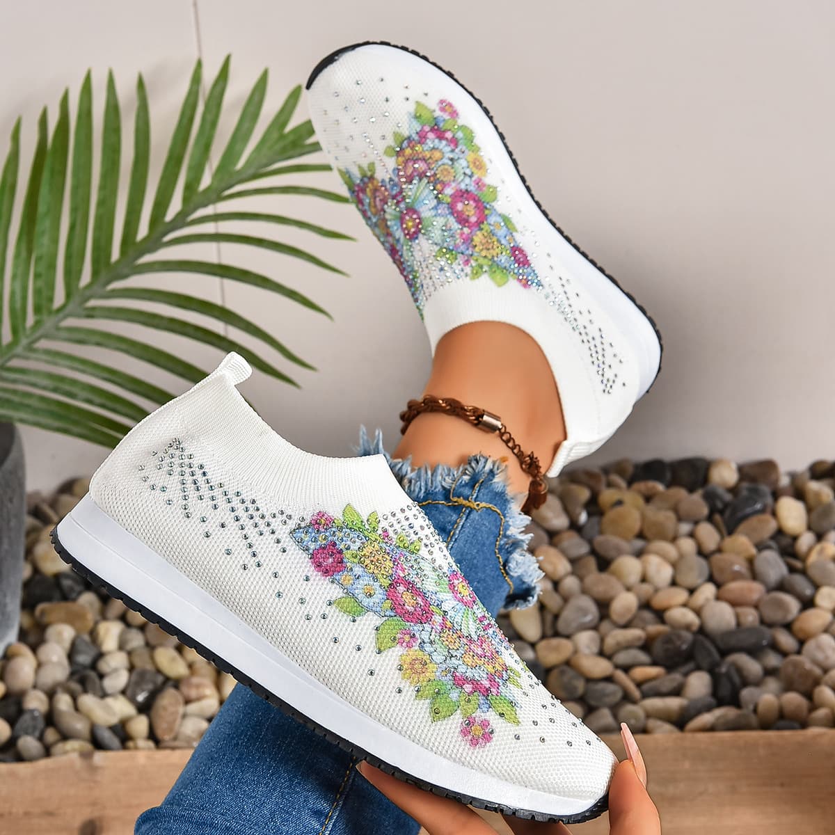 華やか花刺繍メッシュ編みスリッポン