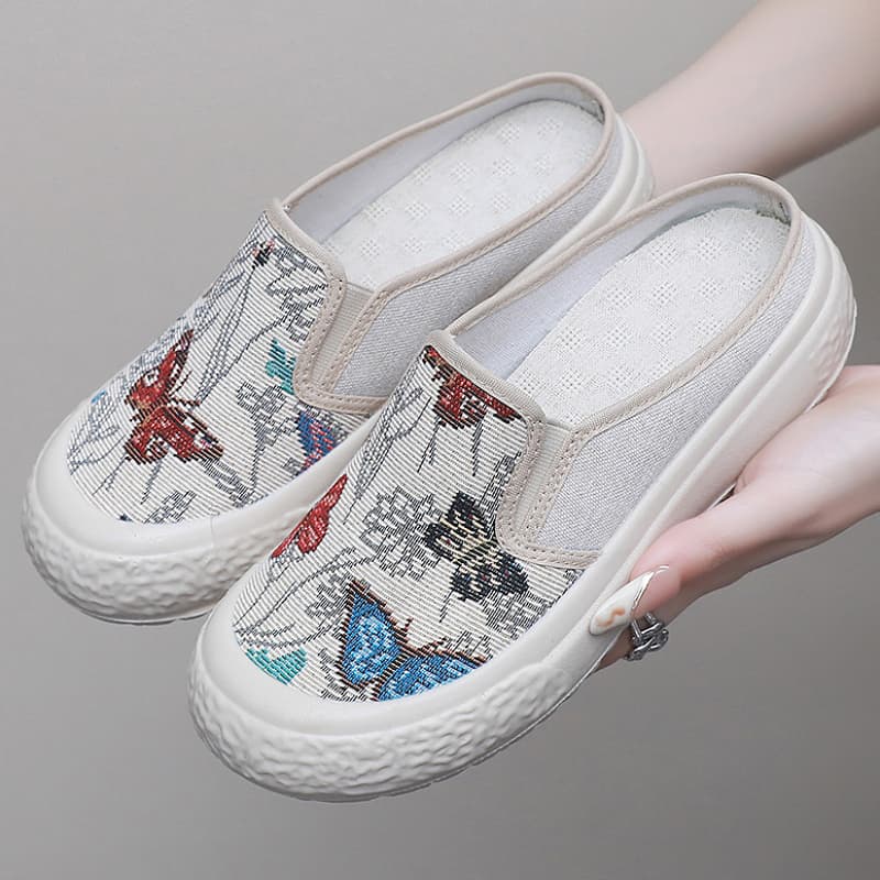 スリッポン レディース 花蝶刺繍 脱ぎ履き簡単 軽量スリッポン